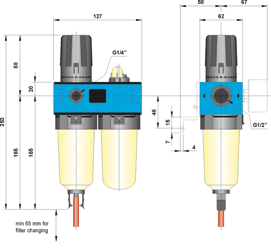 1/2 port size : Combination Filter / Regulator + Lubricator : Drawing : Dimensions